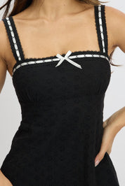 Black Mini Dress Lace Trim Sleeveless Eyelet Fabric - Àlainn Fashion