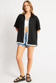 Black Relaxed Shirt Short Sleeve Ric Rac - Àlainn Fashion