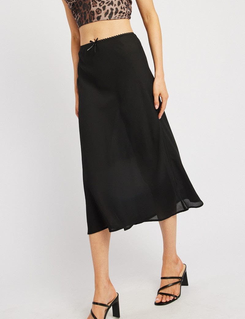 Black Slip Skirt High Rise Elastic Waist Midi - Àlainn Fashion