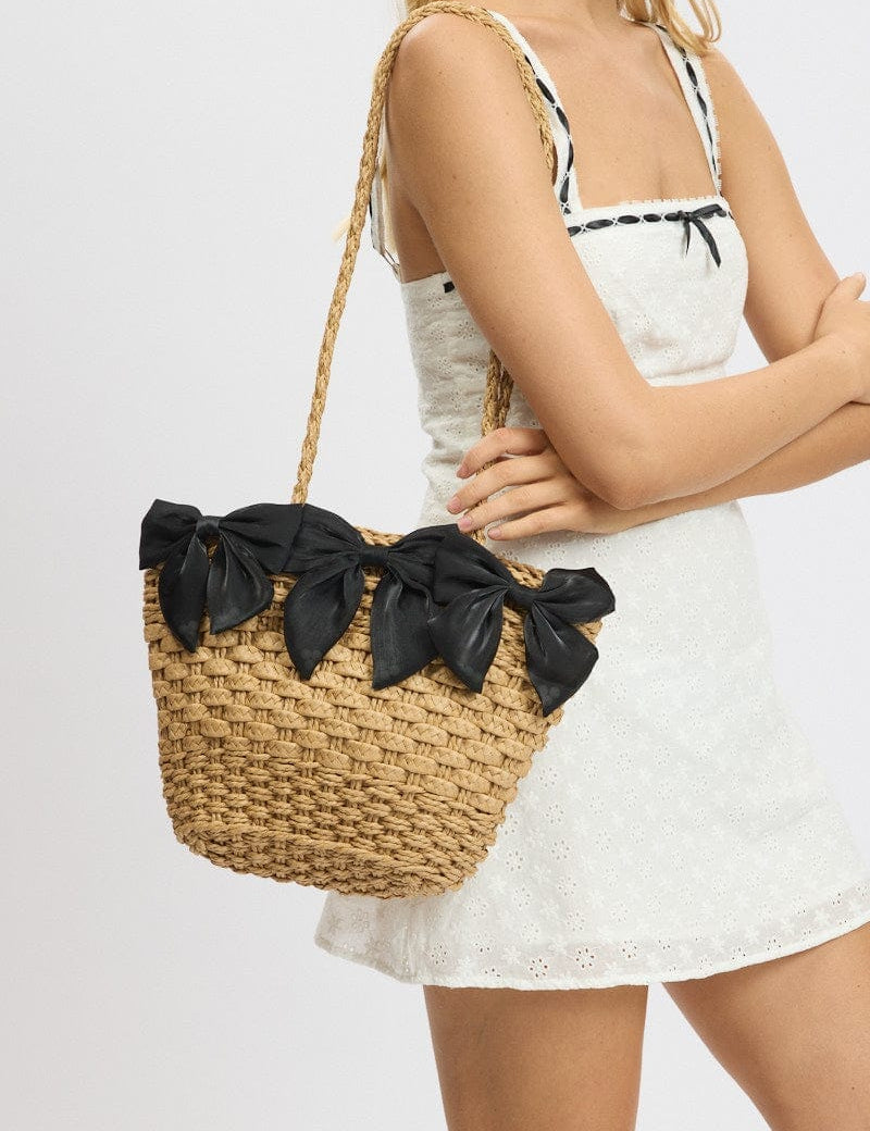 Black Straw Basket Shoulder Bag with Bows - Àlainn Fashion