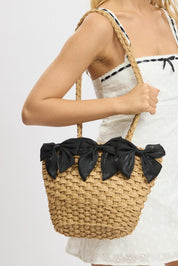 Black Straw Basket Shoulder Bag with Bows - Àlainn Fashion