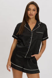 Black Stripe Satin Pyjamas Set Short Sleeve - Àlainn Fashion