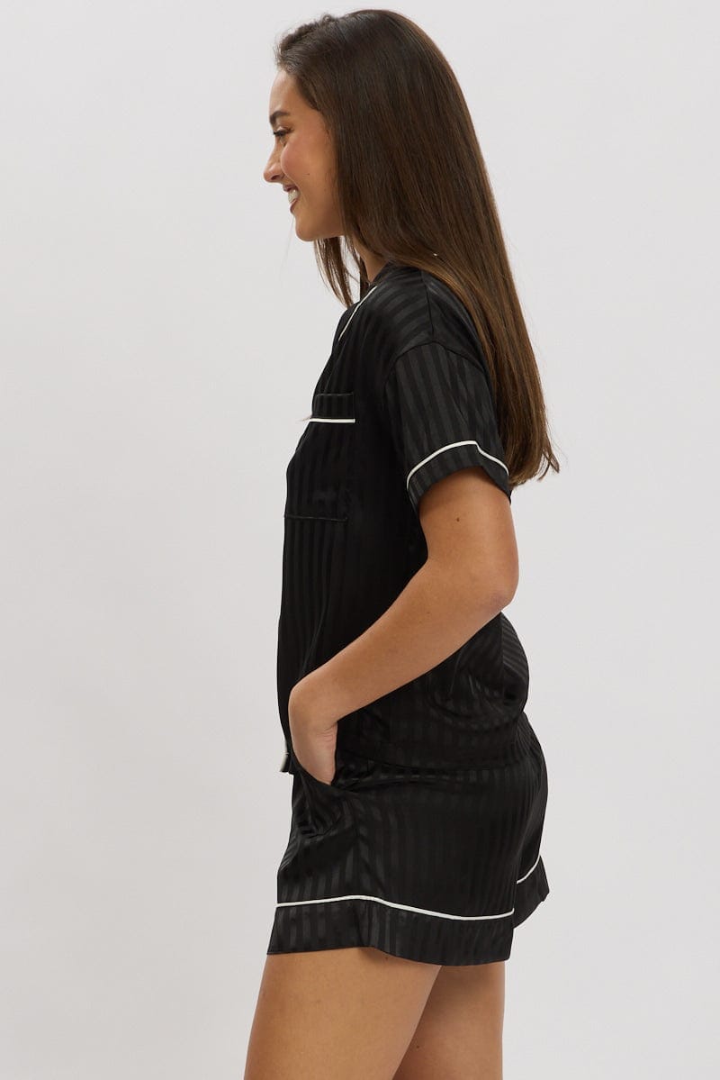 Black Stripe Satin Pyjamas Set Short Sleeve - Àlainn Fashion