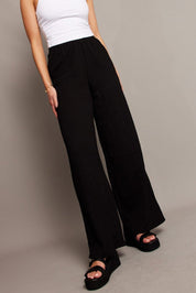 Black Wide Leg Pants High Rise Textured Fabric - Àlainn Fashion