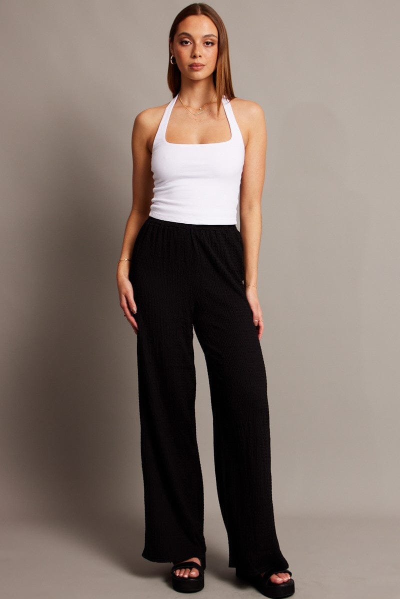 Black Wide Leg Pants High Rise Textured Fabric - Àlainn Fashion