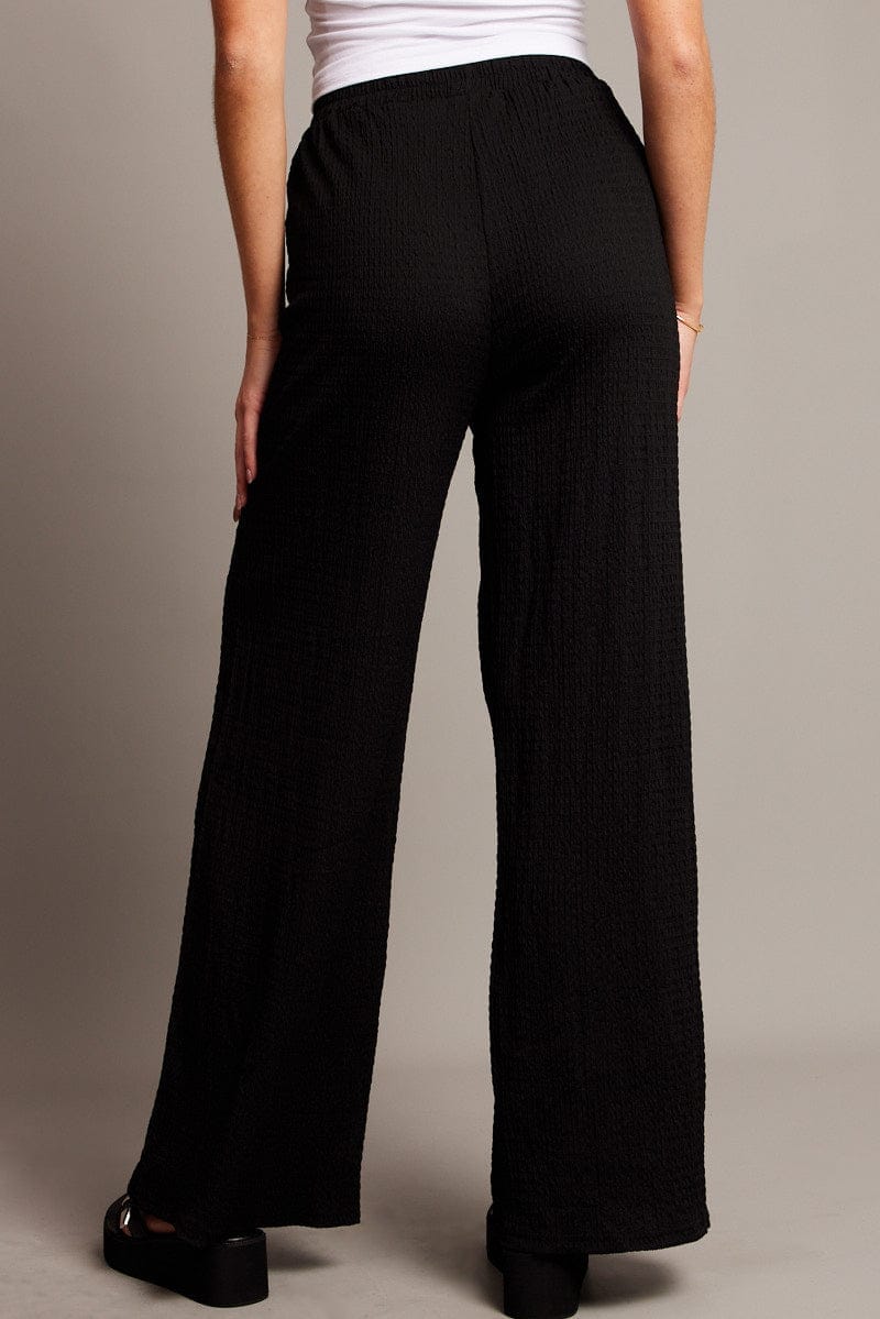 Black Wide Leg Pants High Rise Textured Fabric - Àlainn Fashion