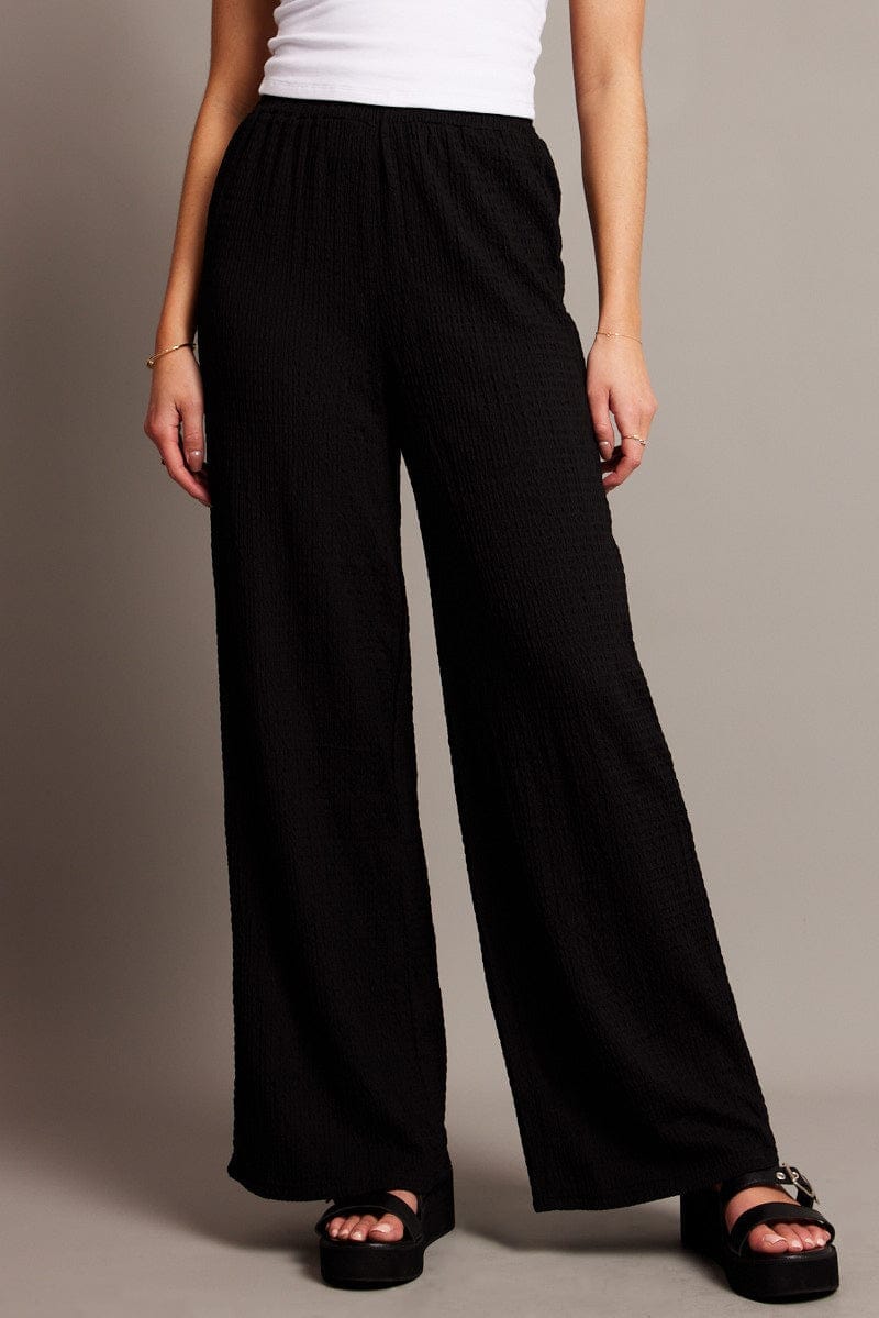 Black Wide Leg Pants High Rise Textured Fabric - Àlainn Fashion