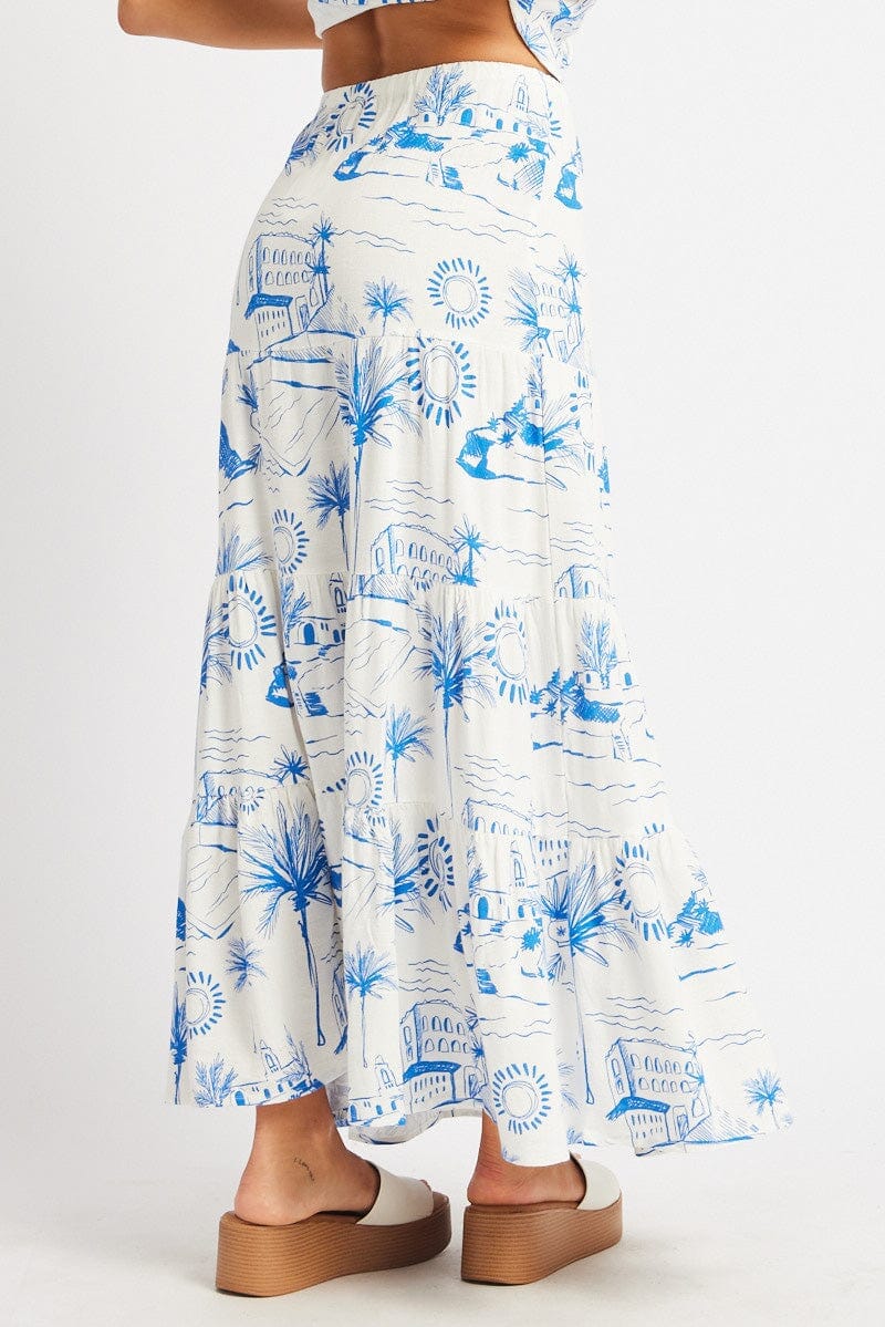 Blue Abstract Maxi Skirt Tiered High Rise Elastic Waistband - Àlainn Fashion