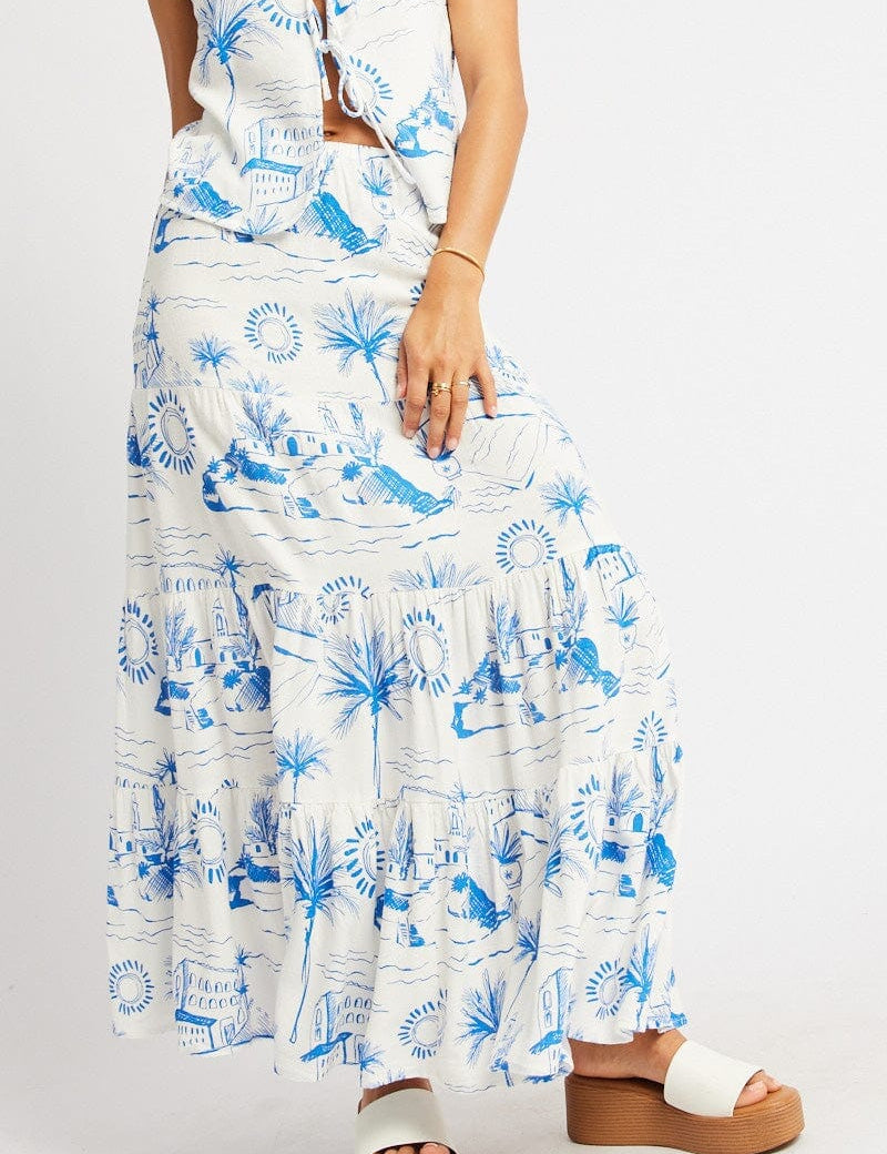 Blue Abstract Maxi Skirt Tiered High Rise Elastic Waistband - Àlainn Fashion