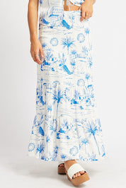 Blue Abstract Maxi Skirt Tiered High Rise Elastic Waistband - Àlainn Fashion