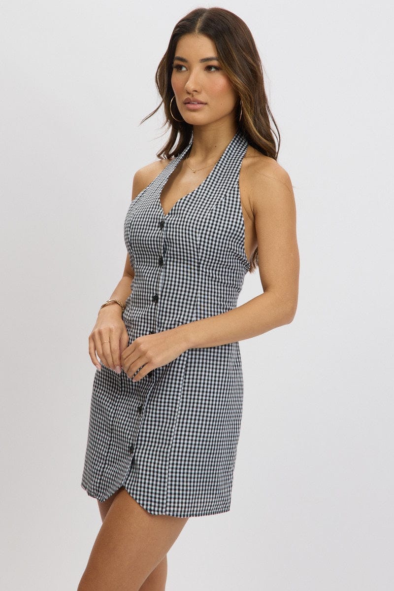 Blue Check Halter Neck Dress Mini - Àlainn Fashion