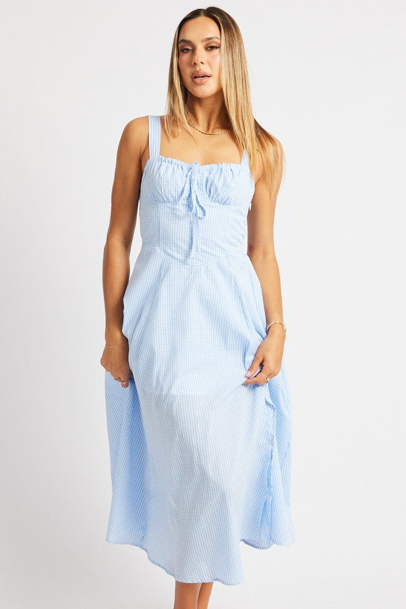 Blue Check Midi Dress Gathered Bust - Àlainn Fashion