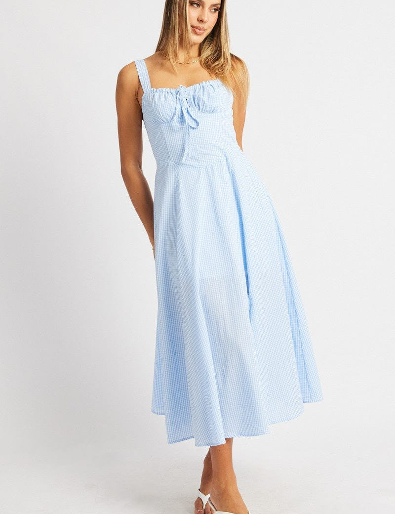 Blue Check Midi Dress Gathered Bust - Àlainn Fashion