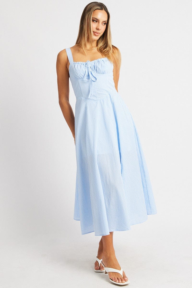 Blue Check Midi Dress Gathered Bust - Àlainn Fashion