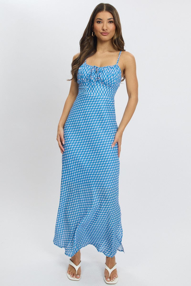 Blue Check Midi Dress Gathering Bust Sleeveless - Àlainn Fashion