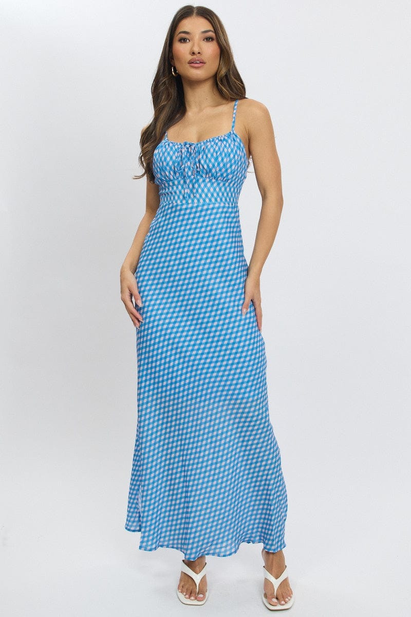 Blue Check Midi Dress Gathering Bust Sleeveless - Àlainn Fashion