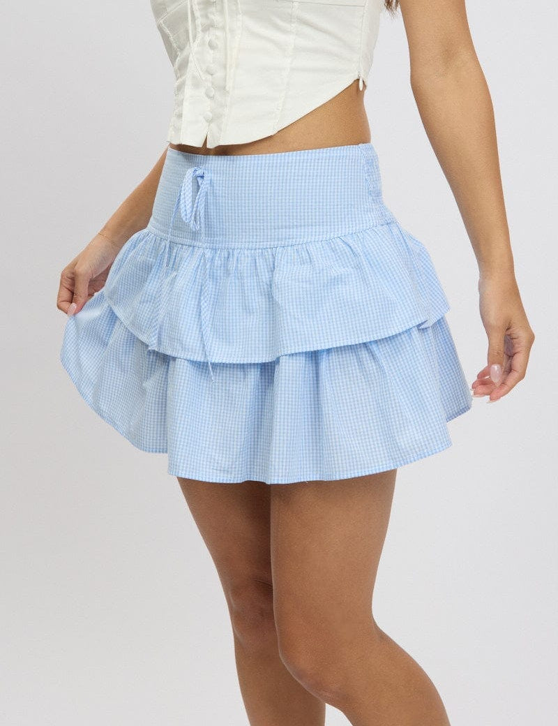 Blue Check Ruffle Mini Skirt High Rise Shirred Back Tiered - Àlainn Fashion