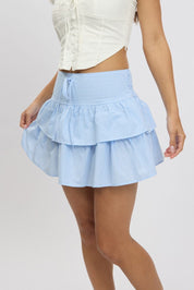 Blue Check Ruffle Mini Skirt High Rise Shirred Back Tiered - Àlainn Fashion