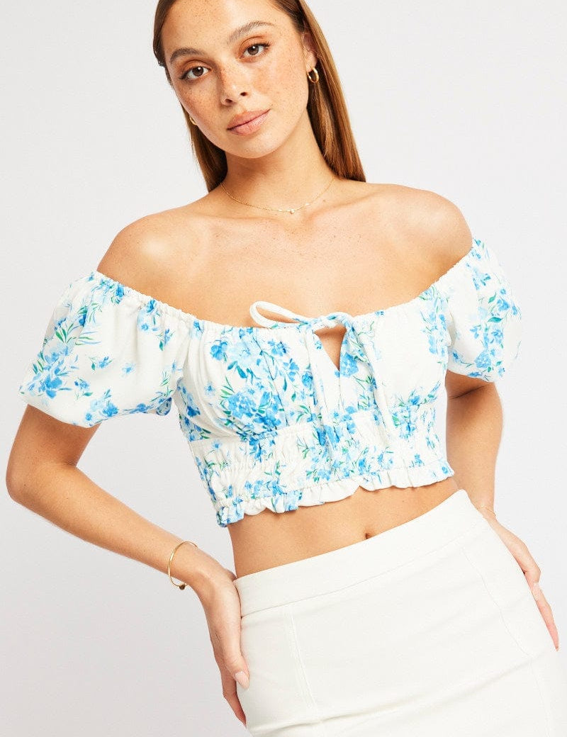 Blue Ditsy Crop Top Short Sleeve Shirred Waist - Àlainn Fashion