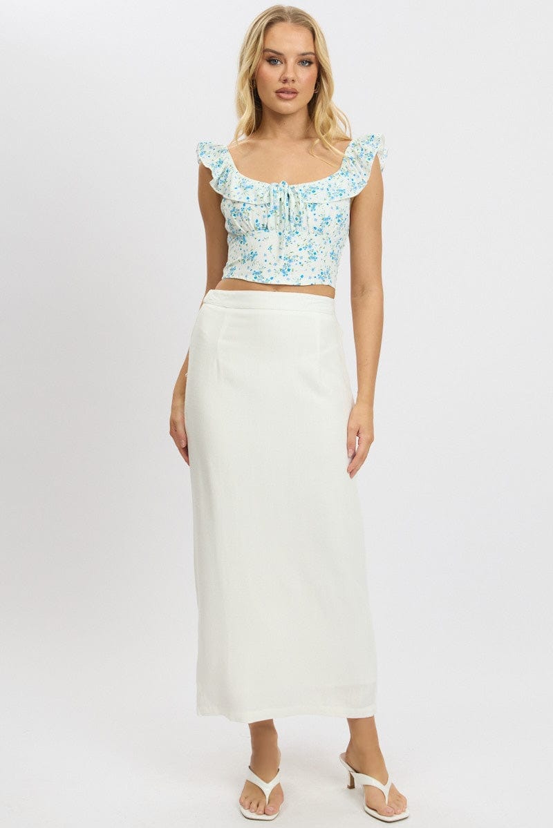 Blue Floral Crop Top Frill Sleeve - Àlainn Fashion