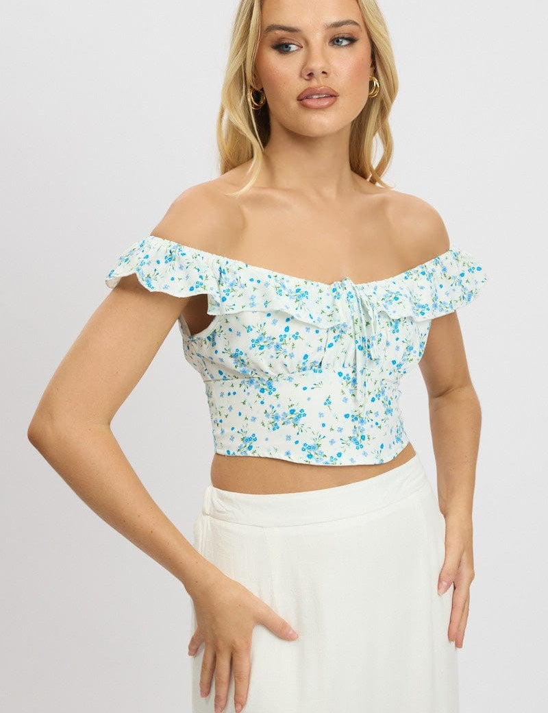 Blue Floral Crop Top Frill Sleeve - Àlainn Fashion