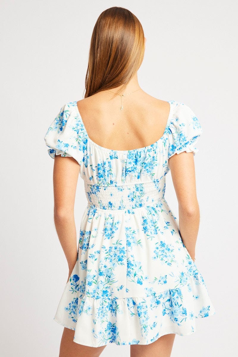 Blue Floral Fit And Flare Dress Mini - Àlainn Fashion