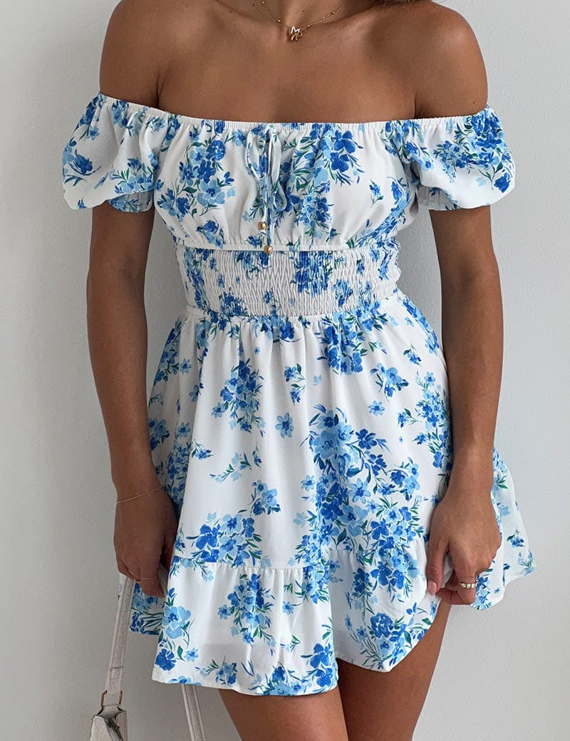 Blue Floral Fit And Flare Dress Mini - Àlainn Fashion