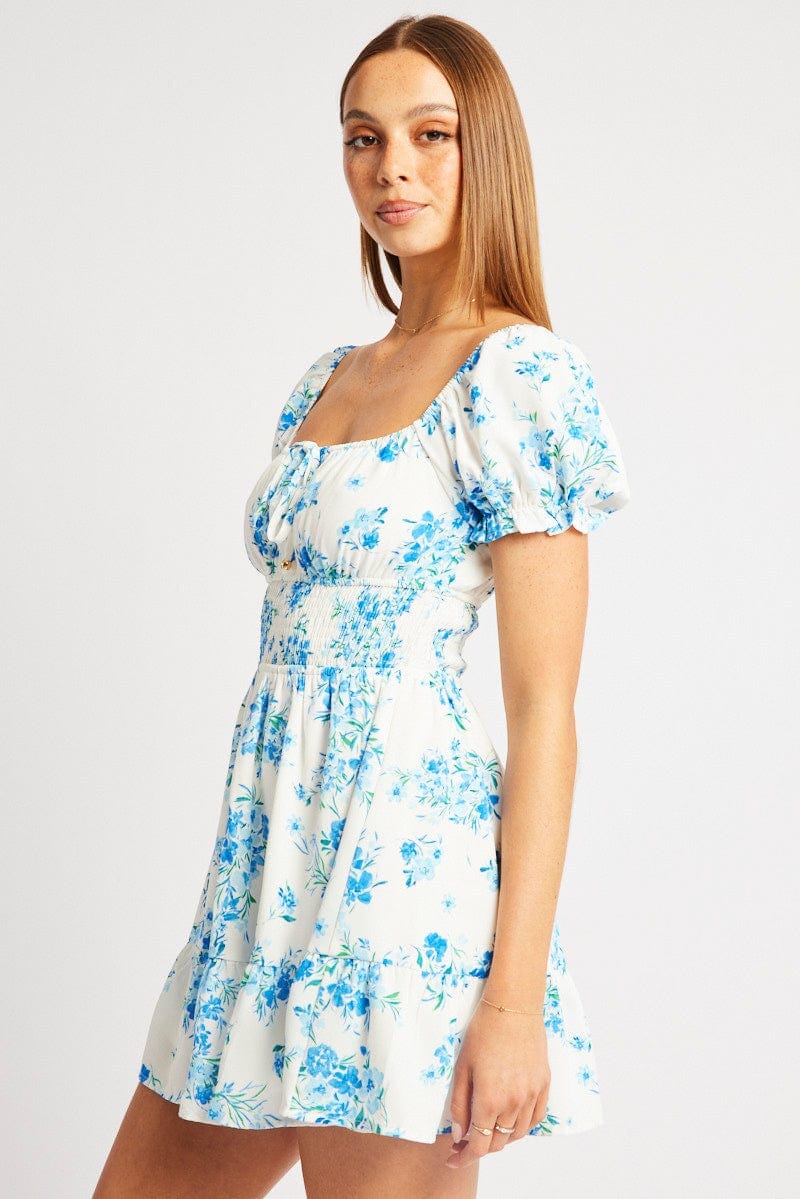 Blue Floral Fit And Flare Dress Mini - Àlainn Fashion