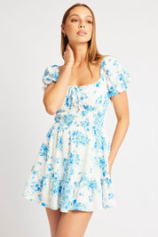 Blue Floral Fit And Flare Dress Mini - Àlainn Fashion