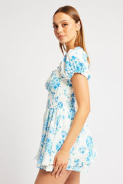 Blue Floral Ruffle Playsuit Short Sleeve Ruched Bust - Àlainn Fashion