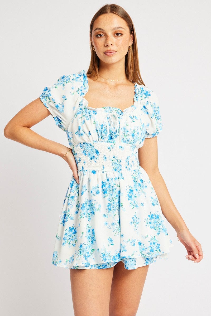 Blue Floral Ruffle Playsuit Short Sleeve Ruched Bust - Àlainn Fashion