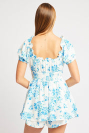 Blue Floral Ruffle Playsuit Short Sleeve Ruched Bust - Àlainn Fashion