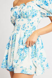 Blue Floral Ruffle Playsuit Short Sleeve Ruched Bust - Àlainn Fashion