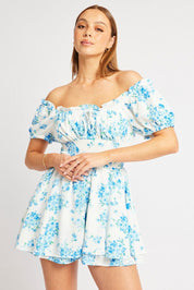 Blue Floral Ruffle Playsuit Short Sleeve Ruched Bust - Àlainn Fashion