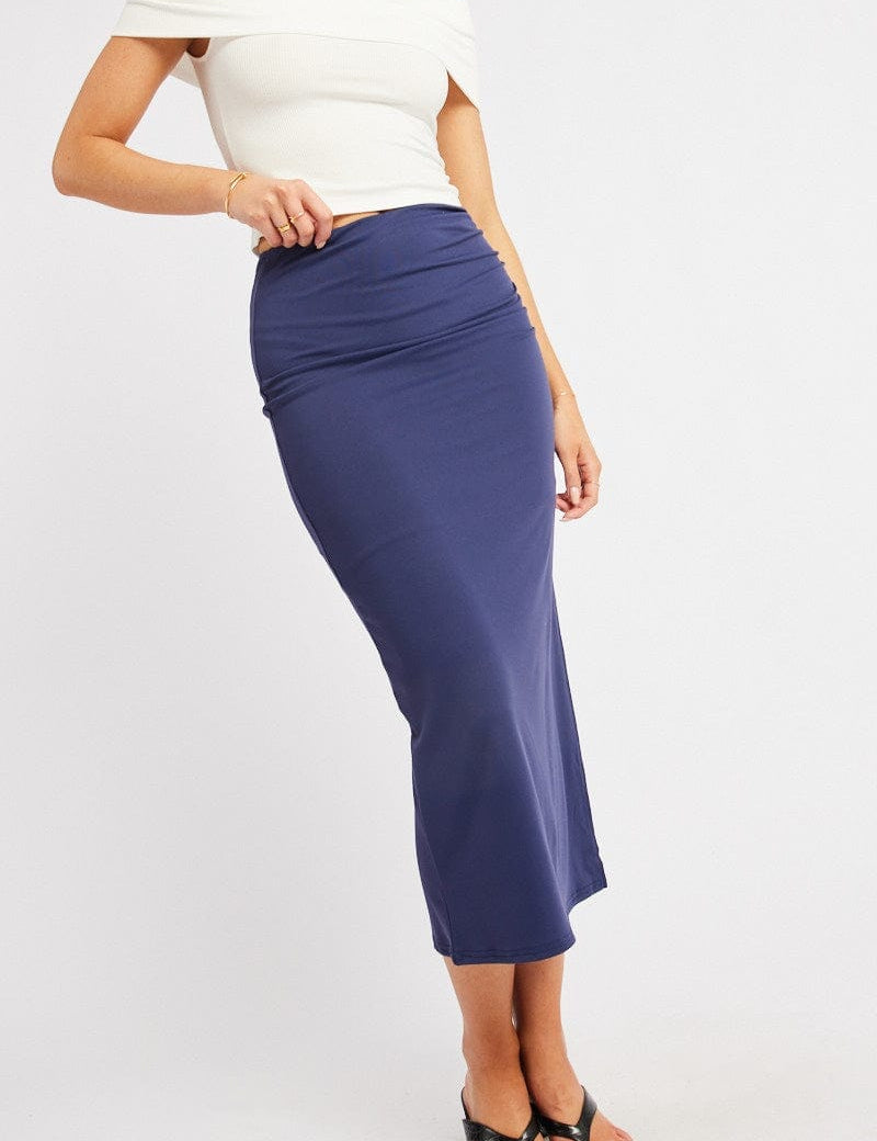 Blue Midaxi Skirt High Rise Ruched Lined Supersoft - Àlainn Fashion