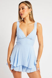 Blue Ruffle Playsuit V-Neck - Àlainn Fashion