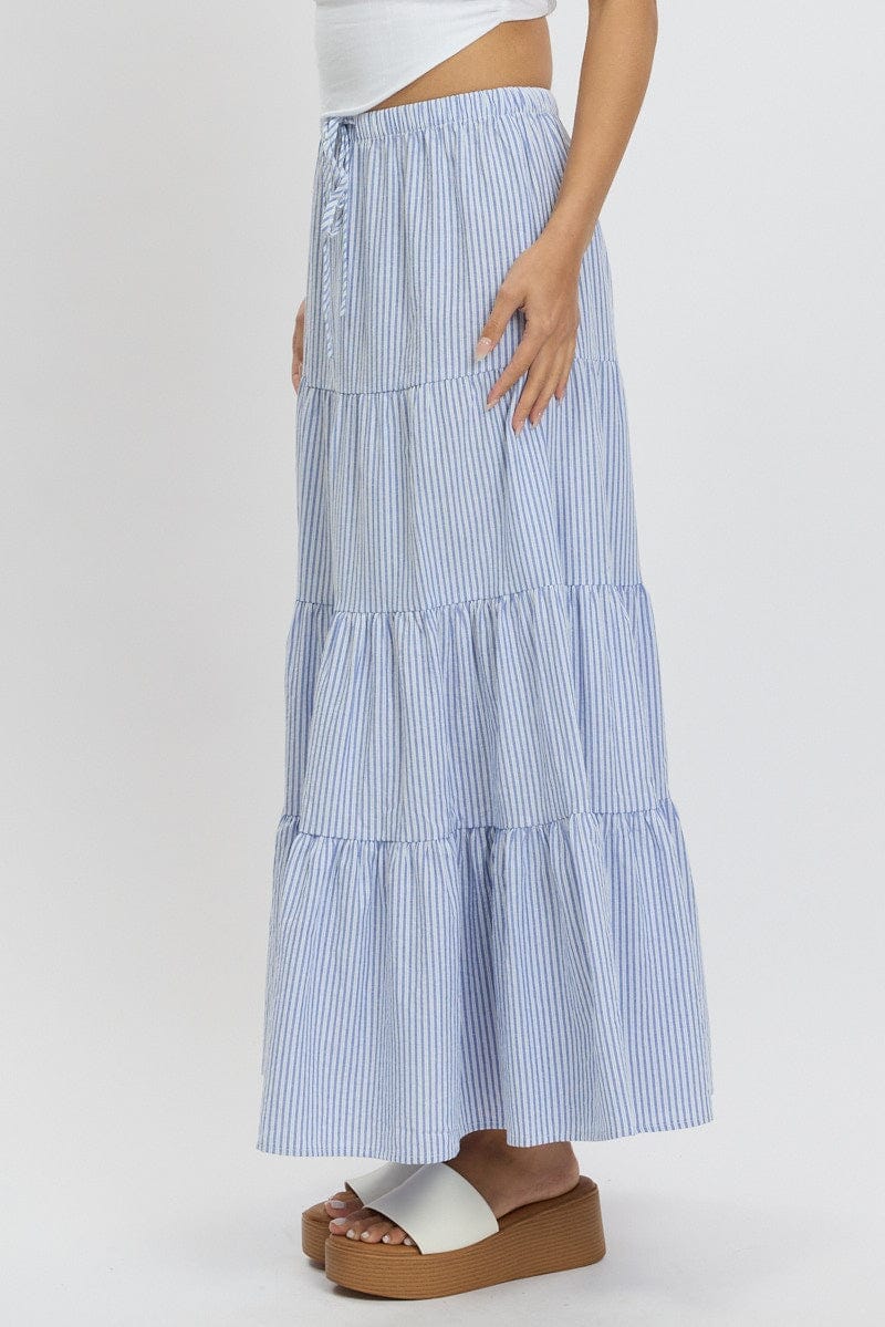 Blue Stripe Maxi Skirt Tiered High Rise Elastic Waistband - Àlainn Fashion