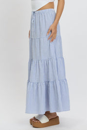 Blue Stripe Maxi Skirt Tiered High Rise Elastic Waistband - Àlainn Fashion