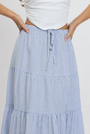 Blue Stripe Maxi Skirt Tiered High Rise Elastic Waistband - Àlainn Fashion