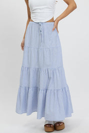 Blue Stripe Maxi Skirt Tiered High Rise Elastic Waistband - Àlainn Fashion