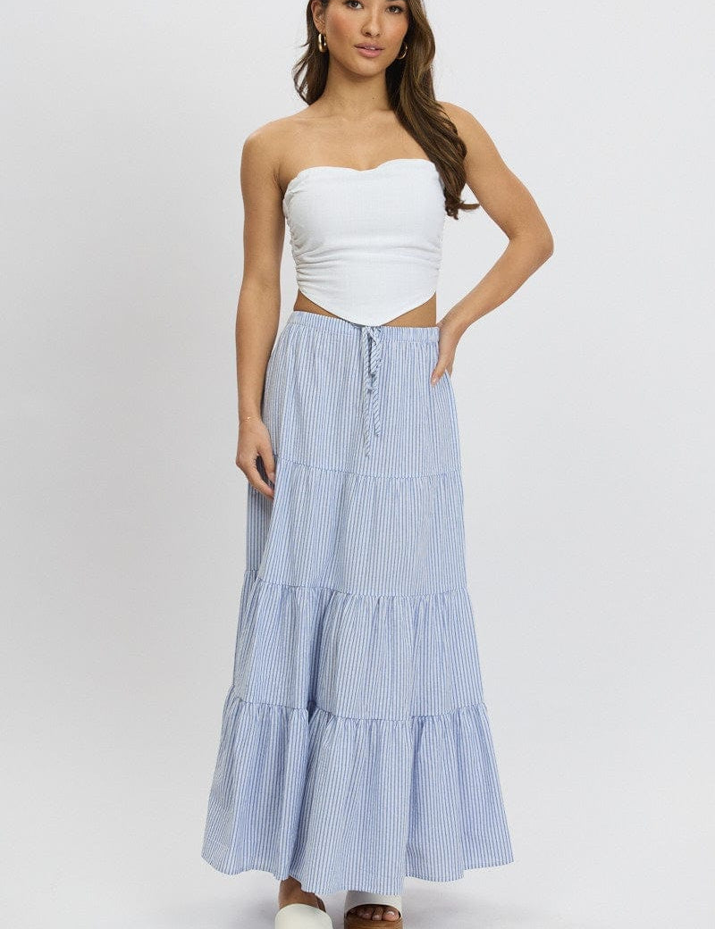 Blue Stripe Maxi Skirt Tiered High Rise Elastic Waistband - Àlainn Fashion