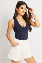 Blue Supersoft Bodysuit Sleeveless V Neck - Àlainn Fashion