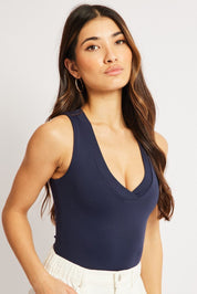 Blue Supersoft Bodysuit Sleeveless V Neck - Àlainn Fashion