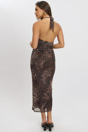 Brown Animal Print Bodycon Dress Halter Neck - Àlainn Fashion