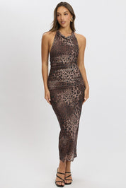 Brown Animal Print Bodycon Dress Halter Neck - Àlainn Fashion