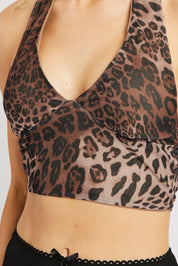 Brown Animal Print Halter Neck Top Tie Back Mesh - Àlainn Fashion