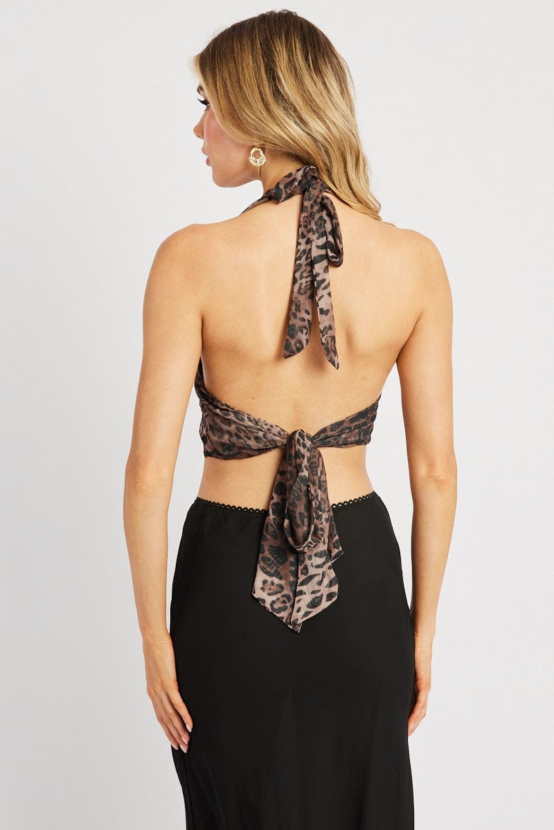 Brown Animal Print Halter Neck Top Tie Back Mesh - Àlainn Fashion