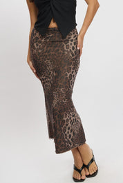 Brown Animal Print Mesh Skirt Elasticated Picot Trim Midaxi - Àlainn Fashion