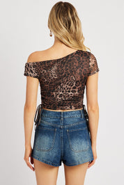 Brown Animal Print Mesh Top Tie Up Side One Shoulder - Àlainn Fashion