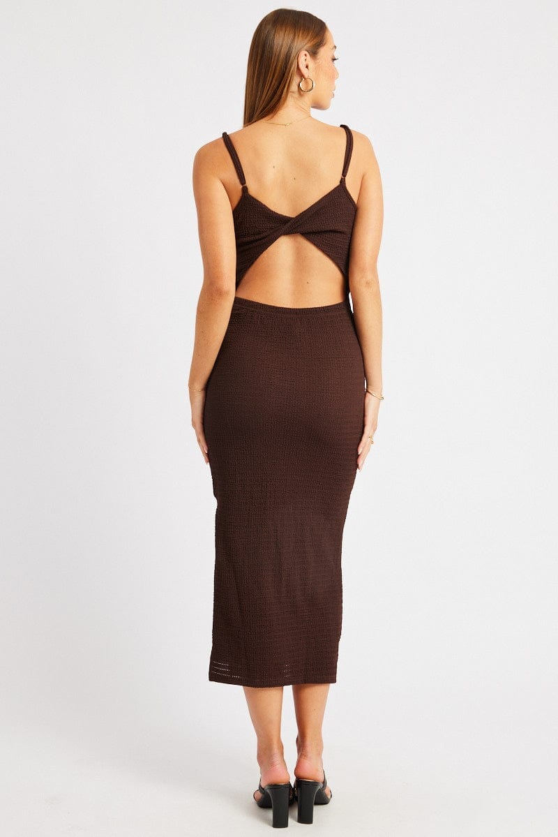 Brown Bodycon Dress Singlet Textured Midi - Àlainn Fashion